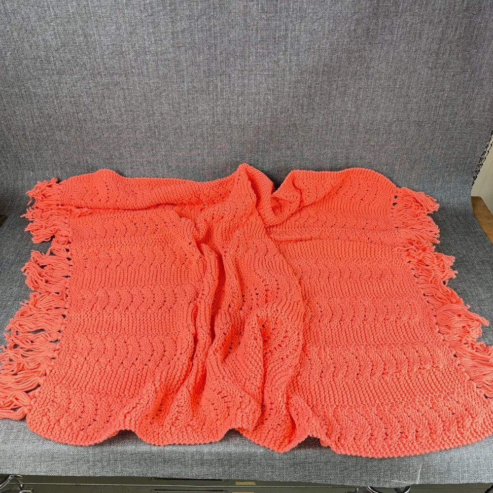 Handmade Crochet Throw Blanket Coral Pink Chevron Fringe 48